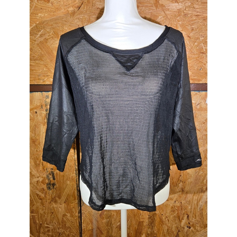 X by Gottex Womens Black Mesh Faux Leather Sleeve Raglan Top Size S‎